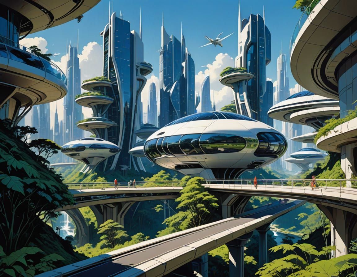 Sleek, Green Solarpunk Metropolis with Futuristic Skylines