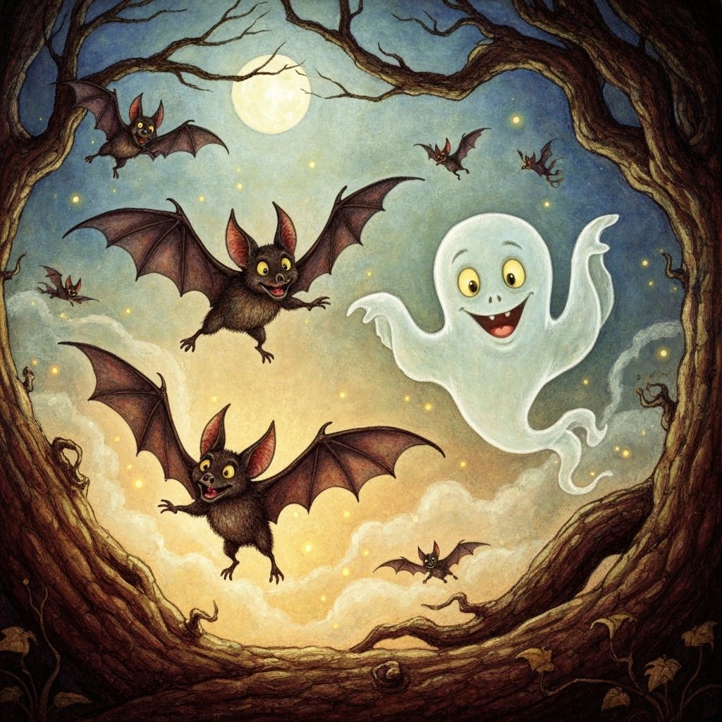 Whimsical Bats and Ghost Race in Moonlit Forest