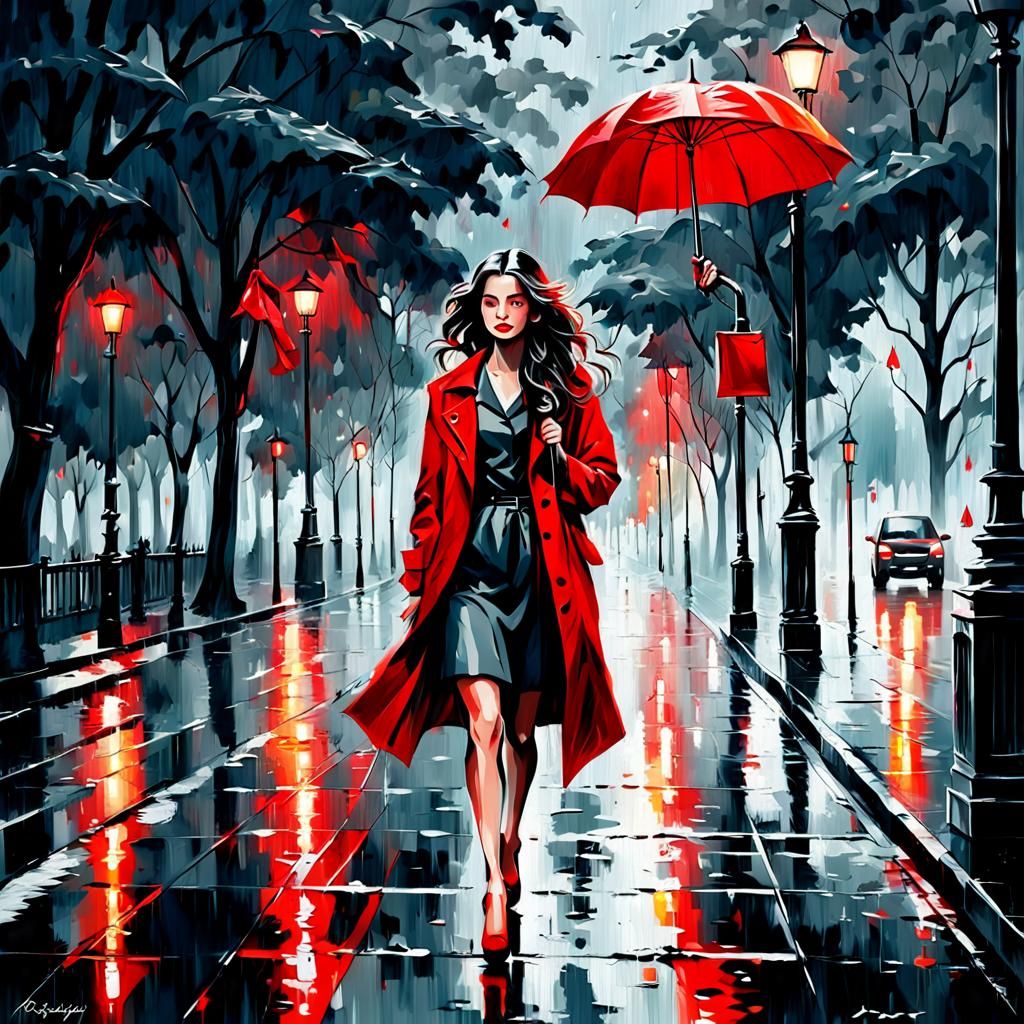 Woman with Red Umbrella in Noir Rainy Scene