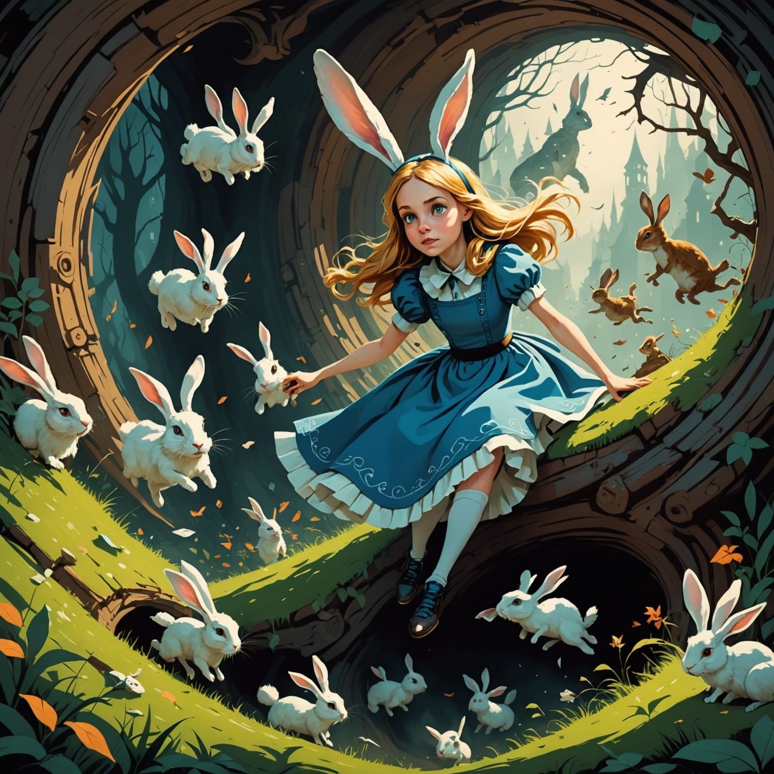 Whimsical Wonderland Descent in Surreal Style