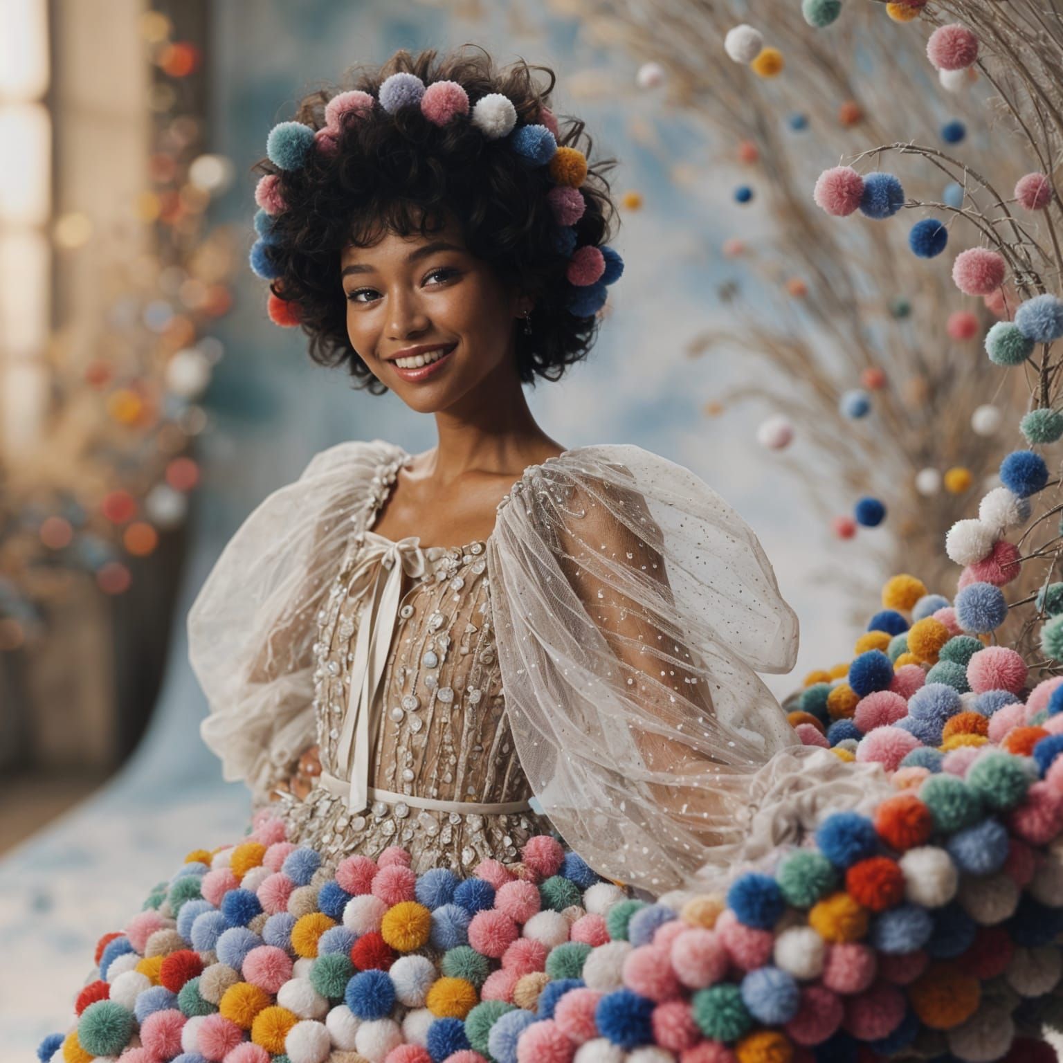 Whimsical Blasian Muse in Multicolored Pom-Pom Dress