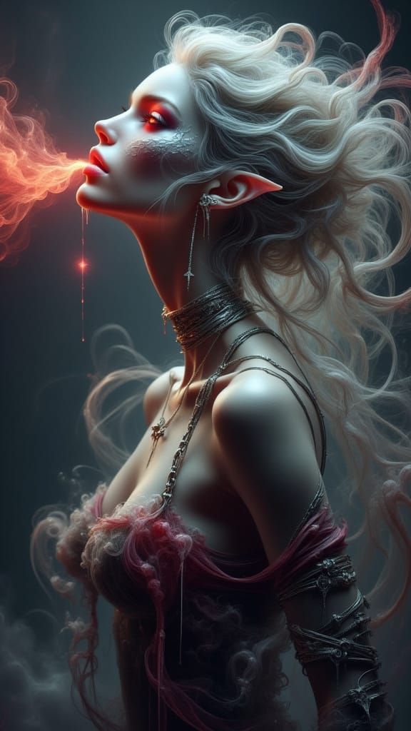 Dark Fantasy Vampire Elf Sorceress With Magical Energy