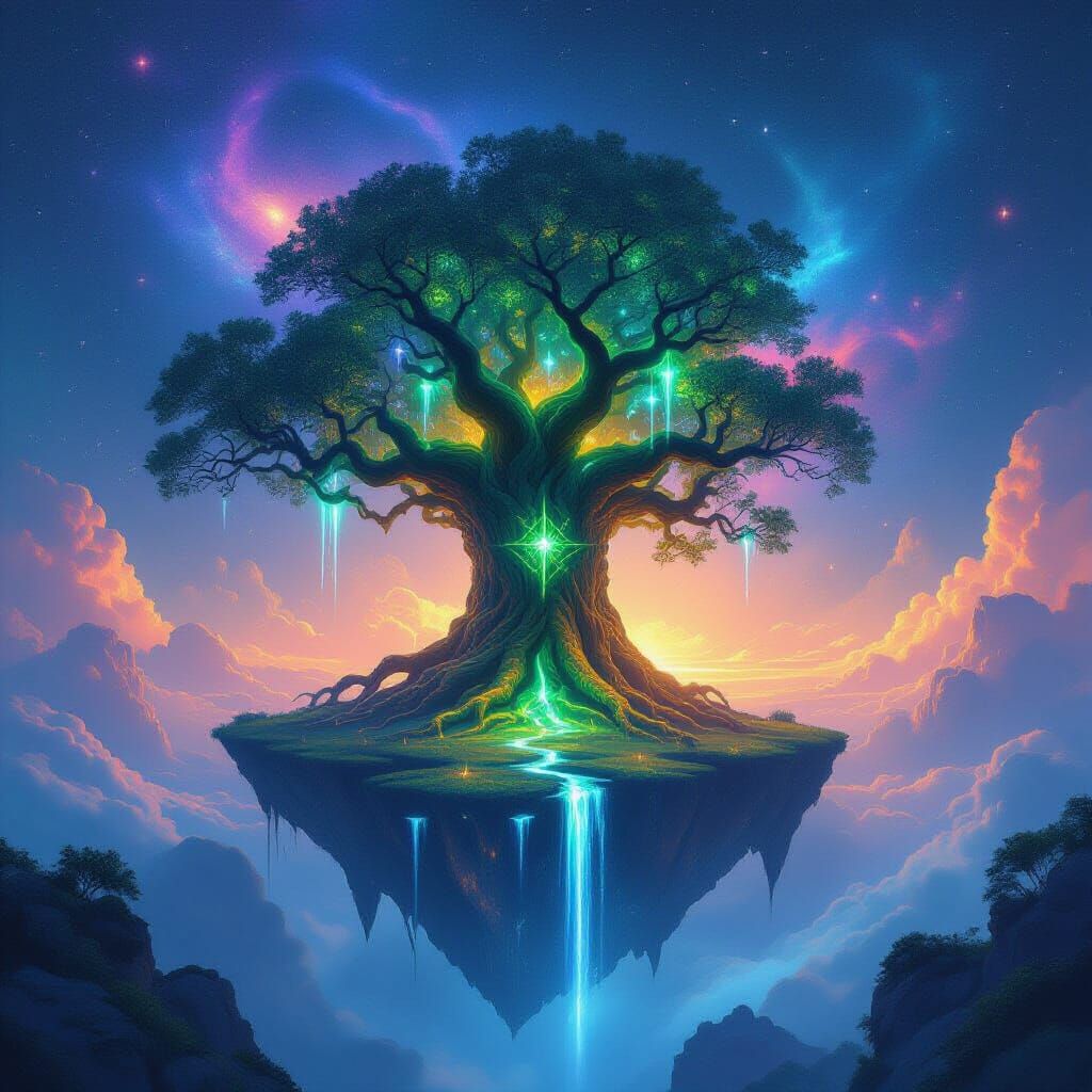 Ancient Celestial Tree on Floating Island in Nebula