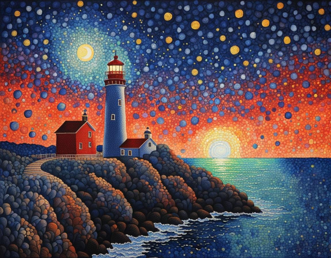 Pointillist Lighthouse Under Starry Sky in Zentangle Style