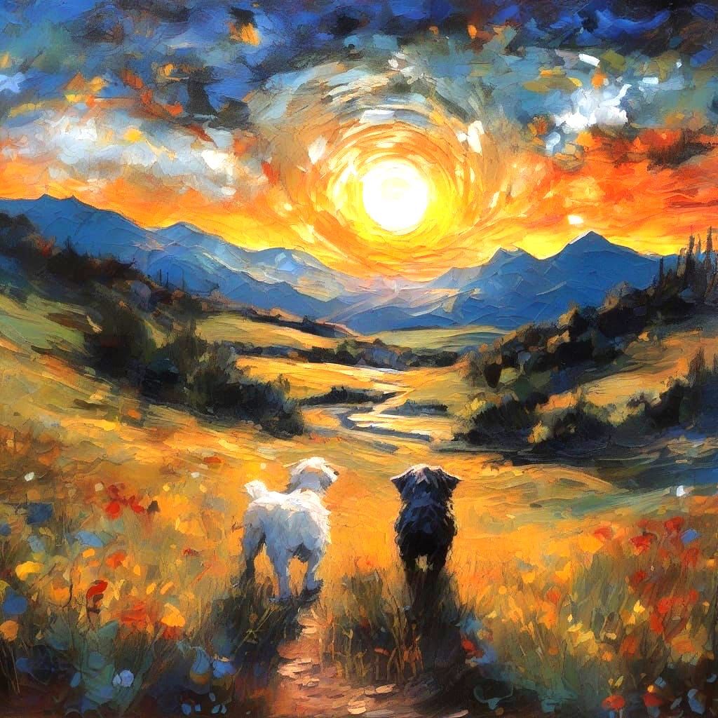 Fantasy Sunset with Two Dogs in a Flowery Meadow