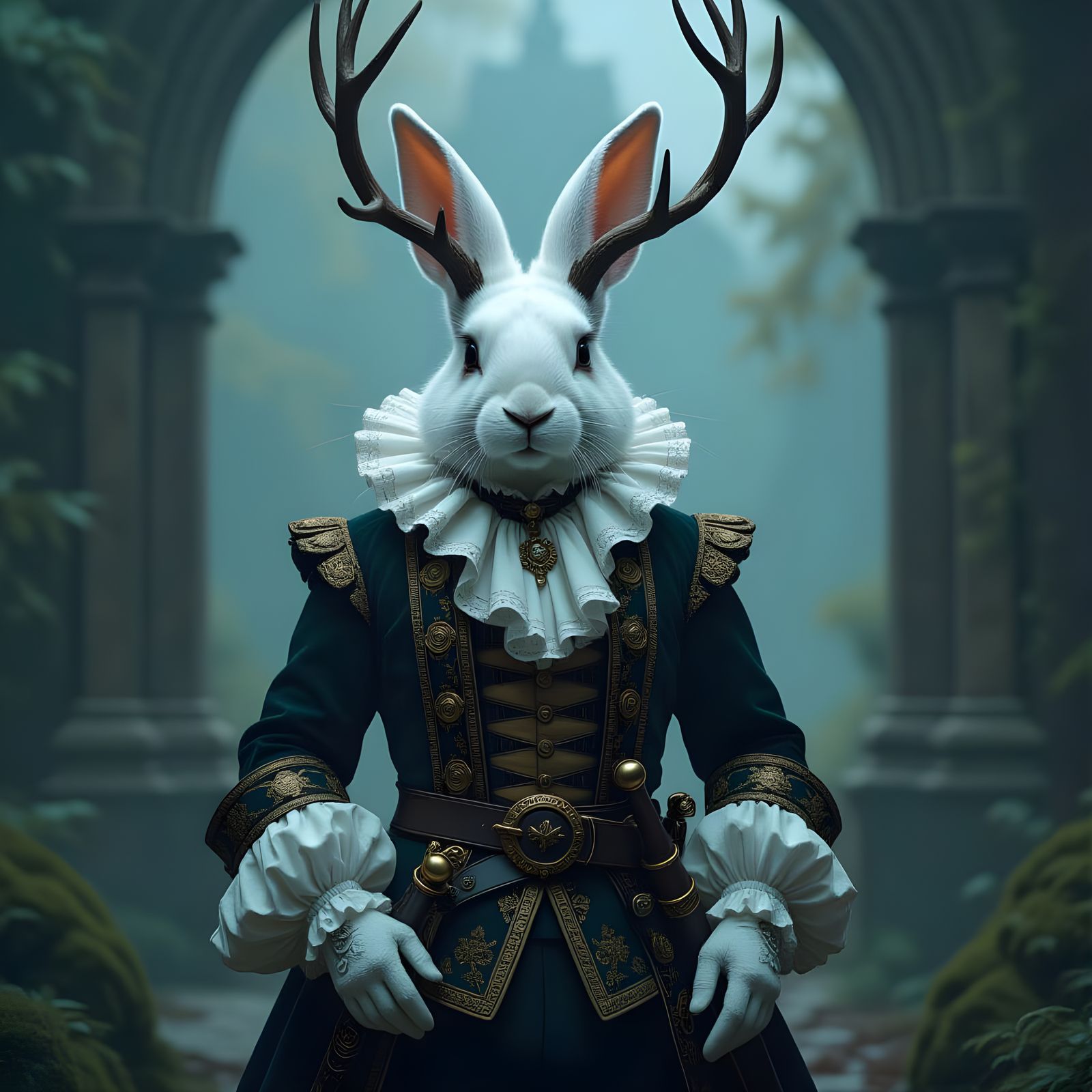 Anthropomorphic Rabbit Musketeer in Dark Fantasy Style