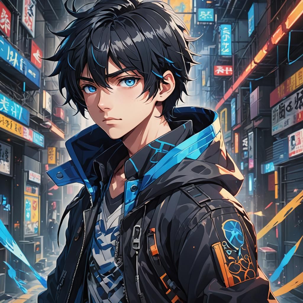 Anime Boy Portrait with Blue Highlights and Manga Style