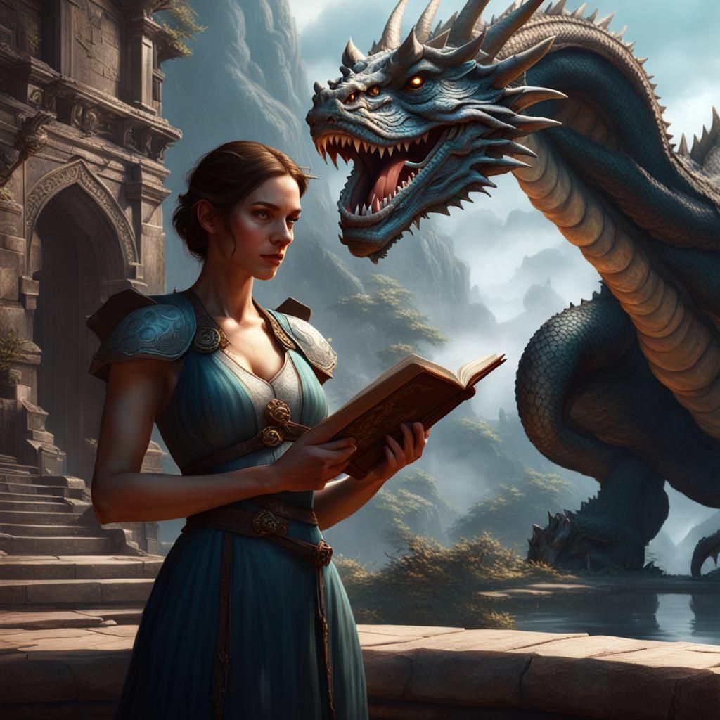 Ethereal Woman and Dragon Fantasy Art