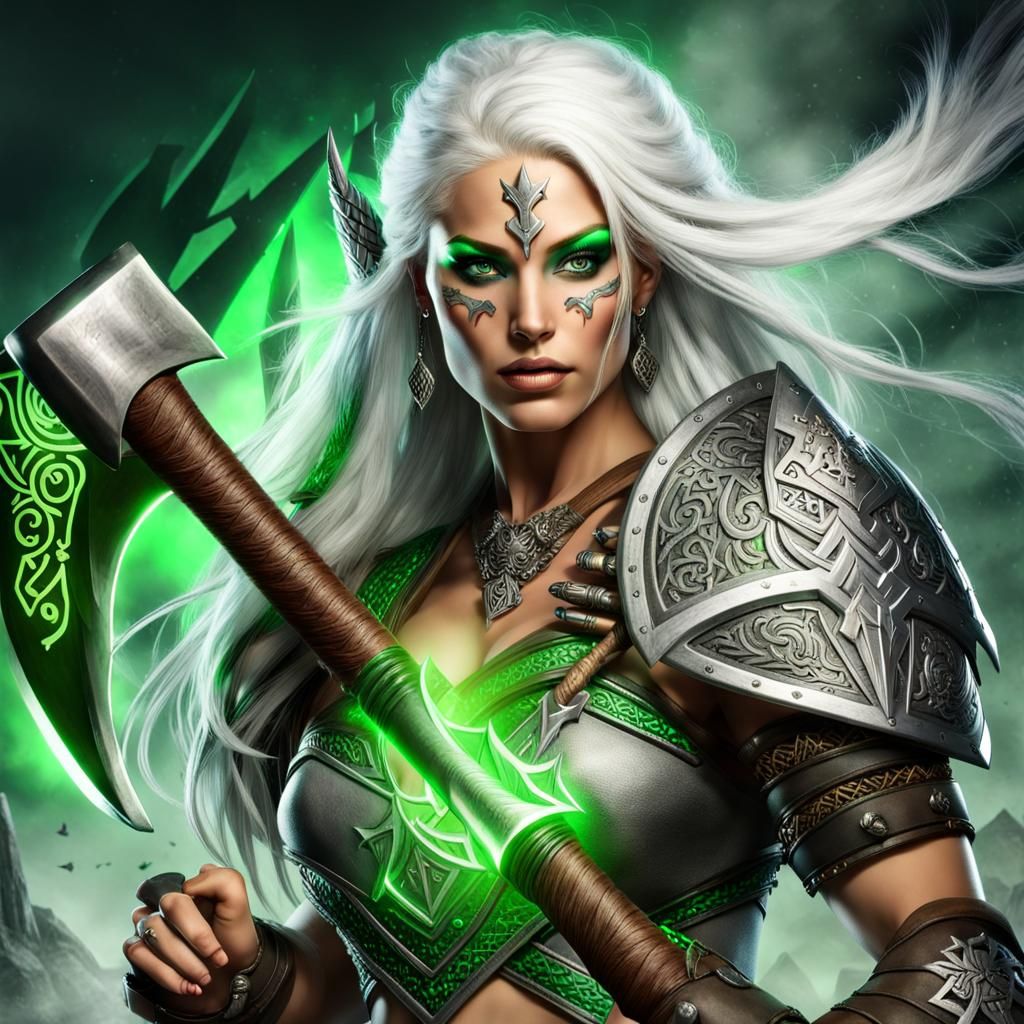 Barbarian Woman Warrior with Runed Battle Axe