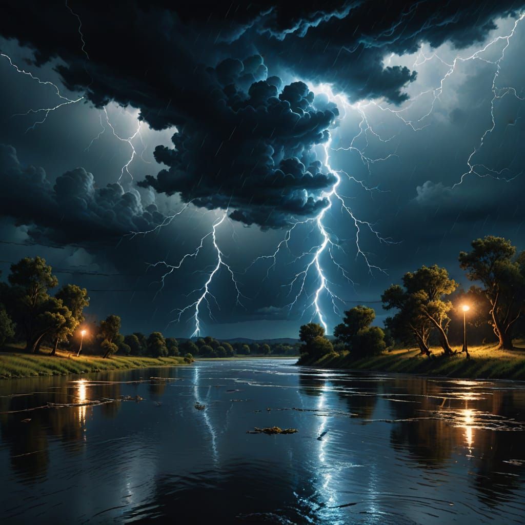 Electric Blue Lightning Over River: Digital Painting