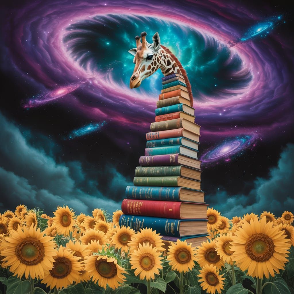 Surreal Giraffe Grazing Under Nebulae Sky