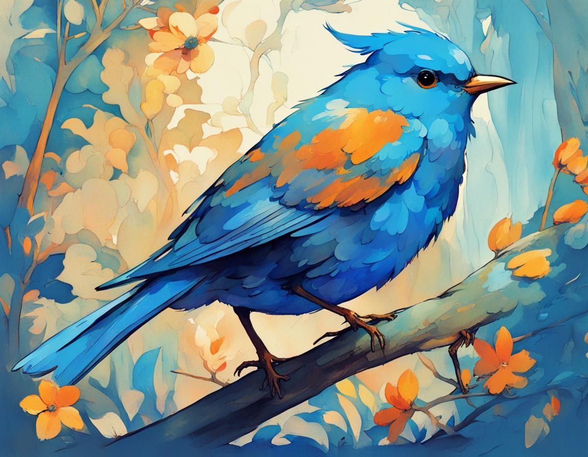 Charming Blue Bird Acrylic Illustration