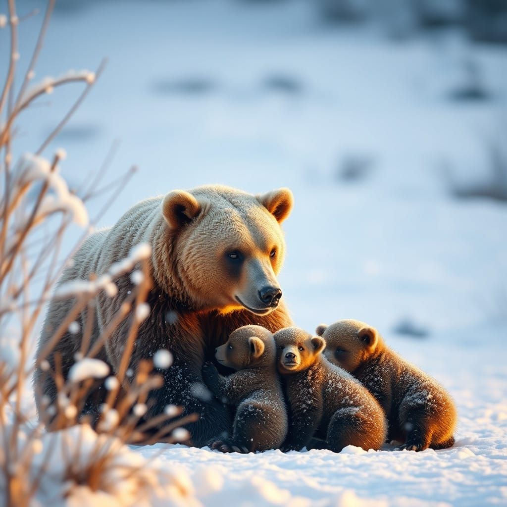 A Mother Bear and Cubs Play in the Snow