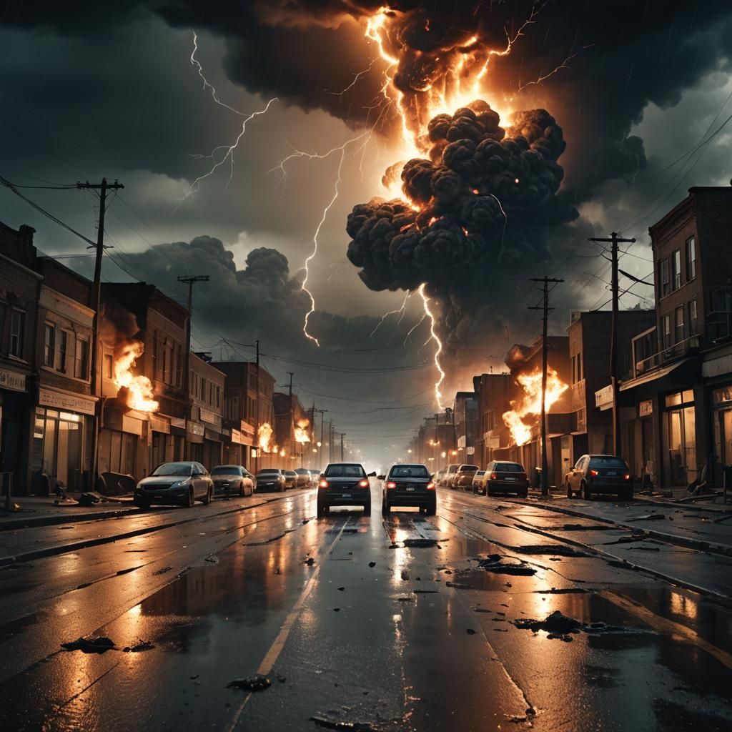 Urban Street Destroyed by Meteors in Cinematic Style