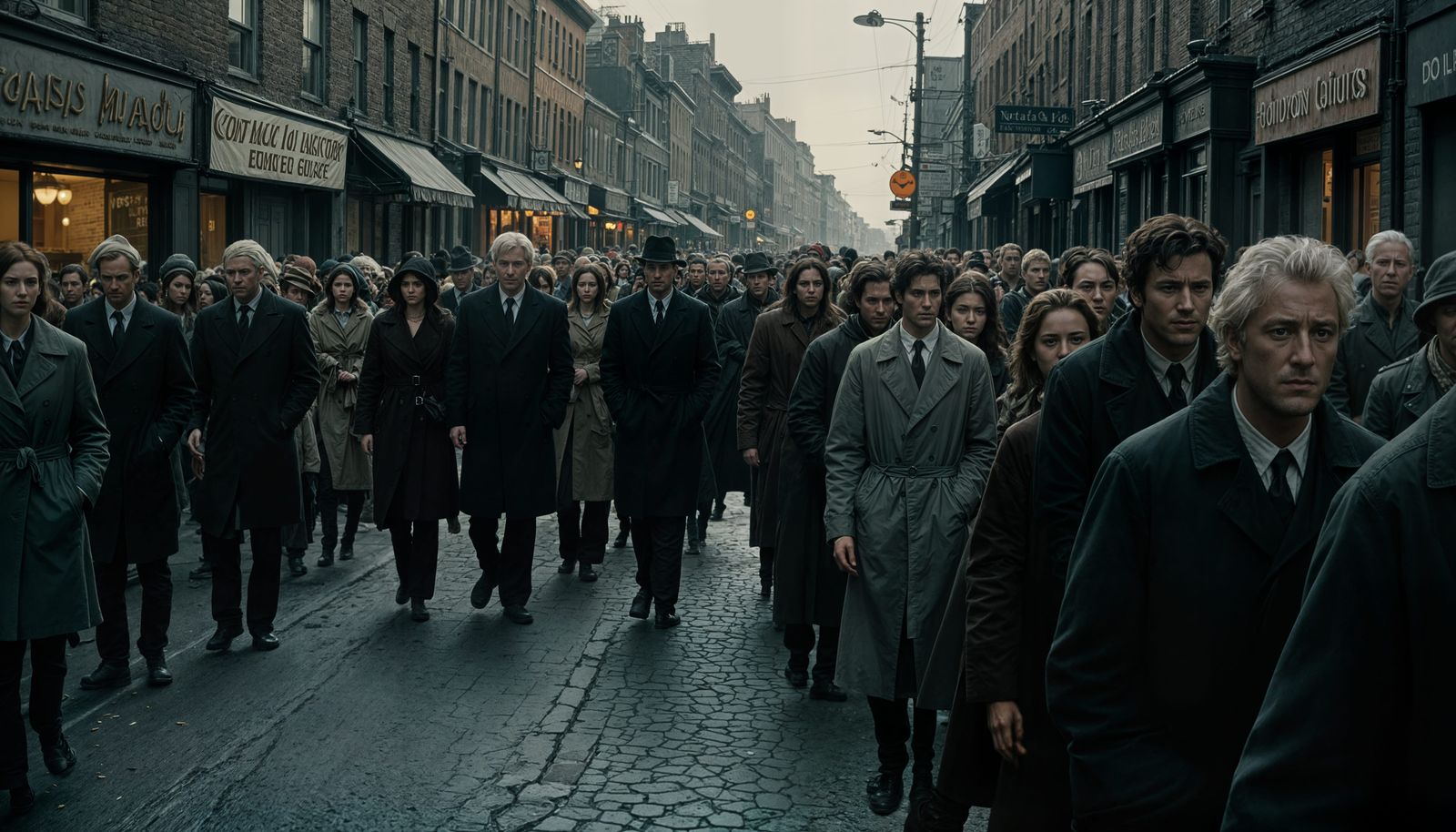 Dramatic Cinematic Scene of Hungry People in a Food Queue