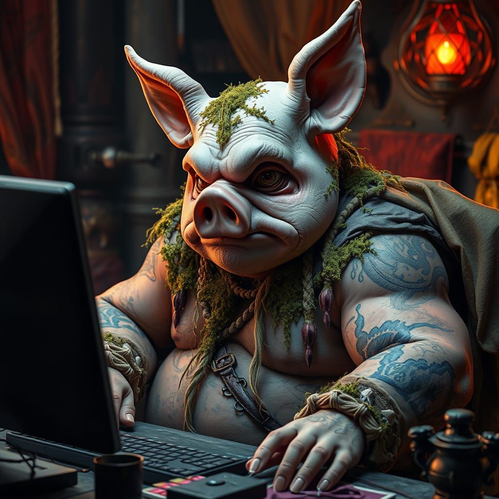 Hyperdetailed Pig-Man Troll in Dark Fantasy Scene