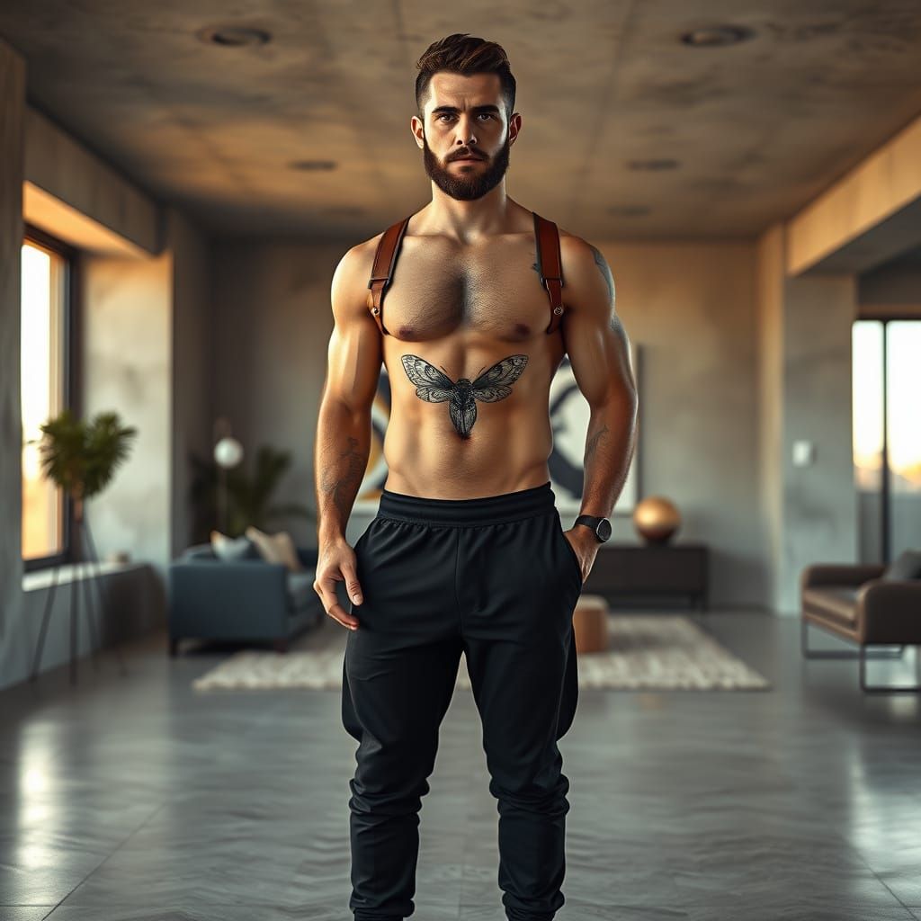Handsome Man in Brutalist Apartment, Photorealistic Image