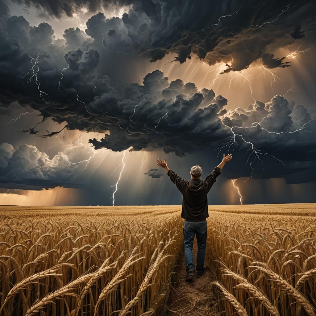 A powerful storm rolling over a wheat field.
