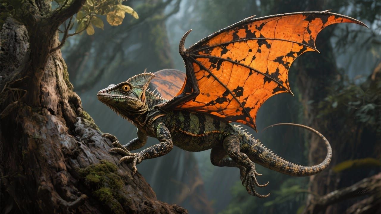 Draco Lizard Glides with Orange and Black Sails