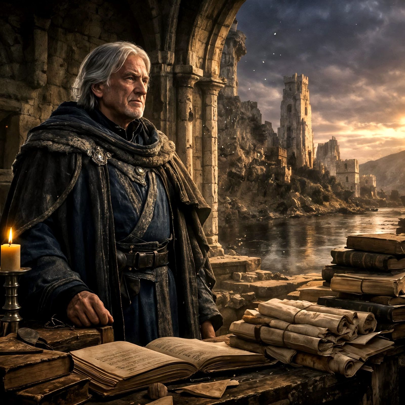 Elderly Scholar in Crumbling Library at Twilight