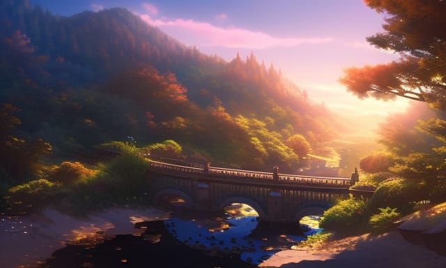 Anime Train Track Over River with Magical Lighting