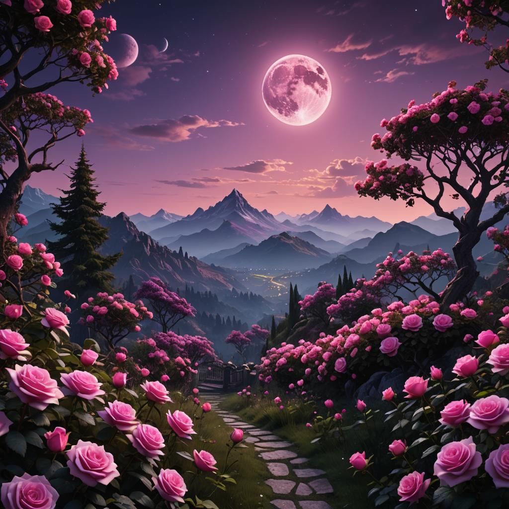 Rose Garden Under Pink Sky: Fantasy Concept Art