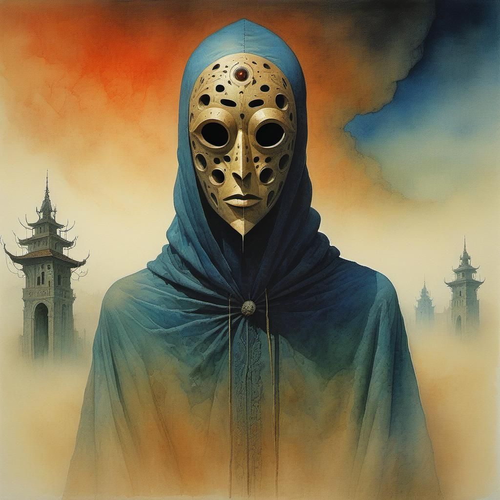 Horrifying Masked Cultist in Surreal Watercolor Style