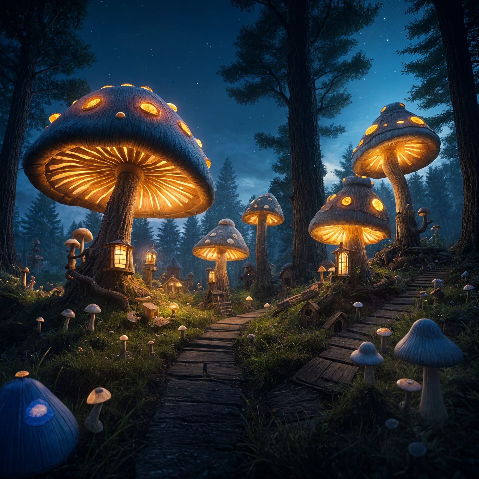 Enchanted Mushroom Houses at Twilight