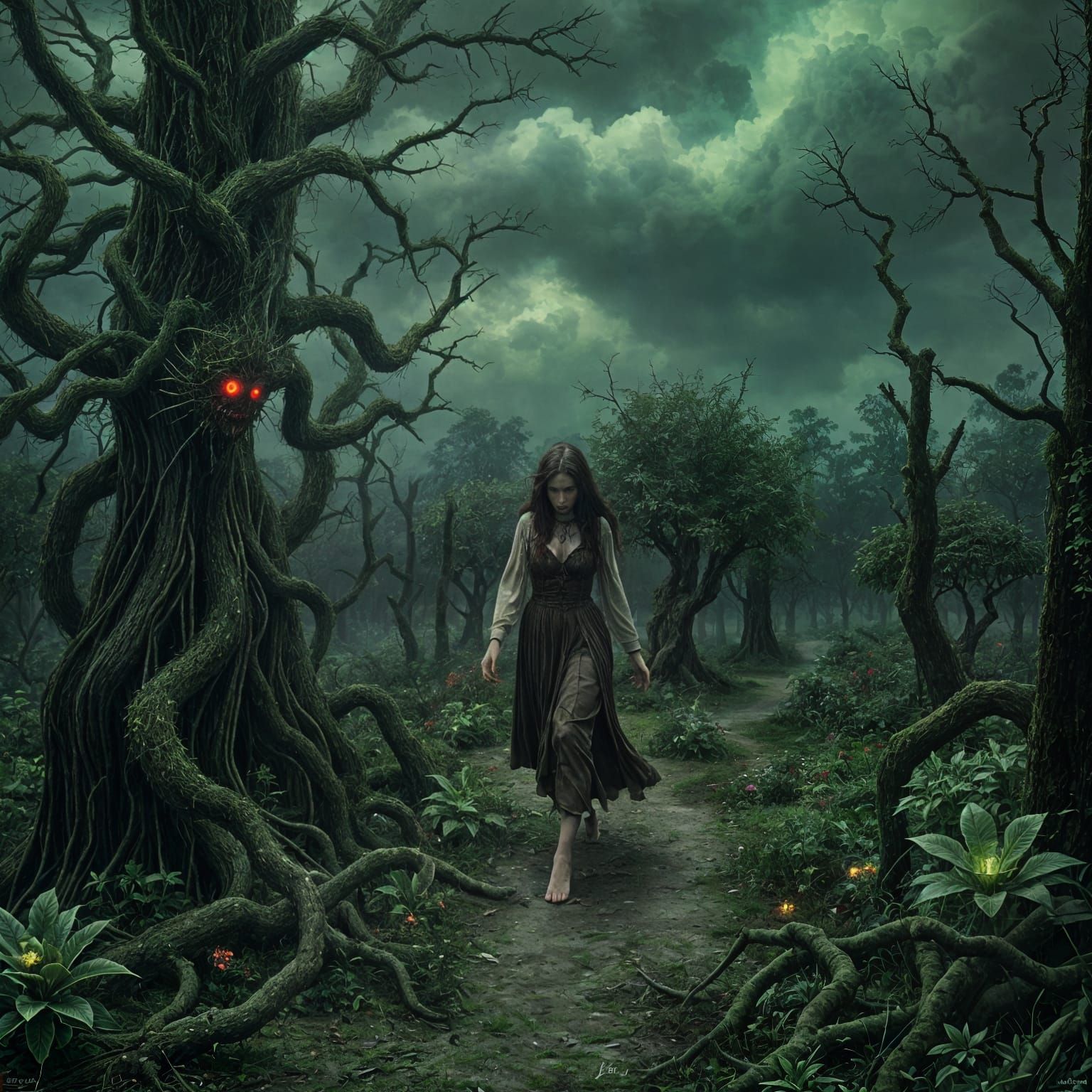 Overgrown Creepy Garden with Glowing Eyes