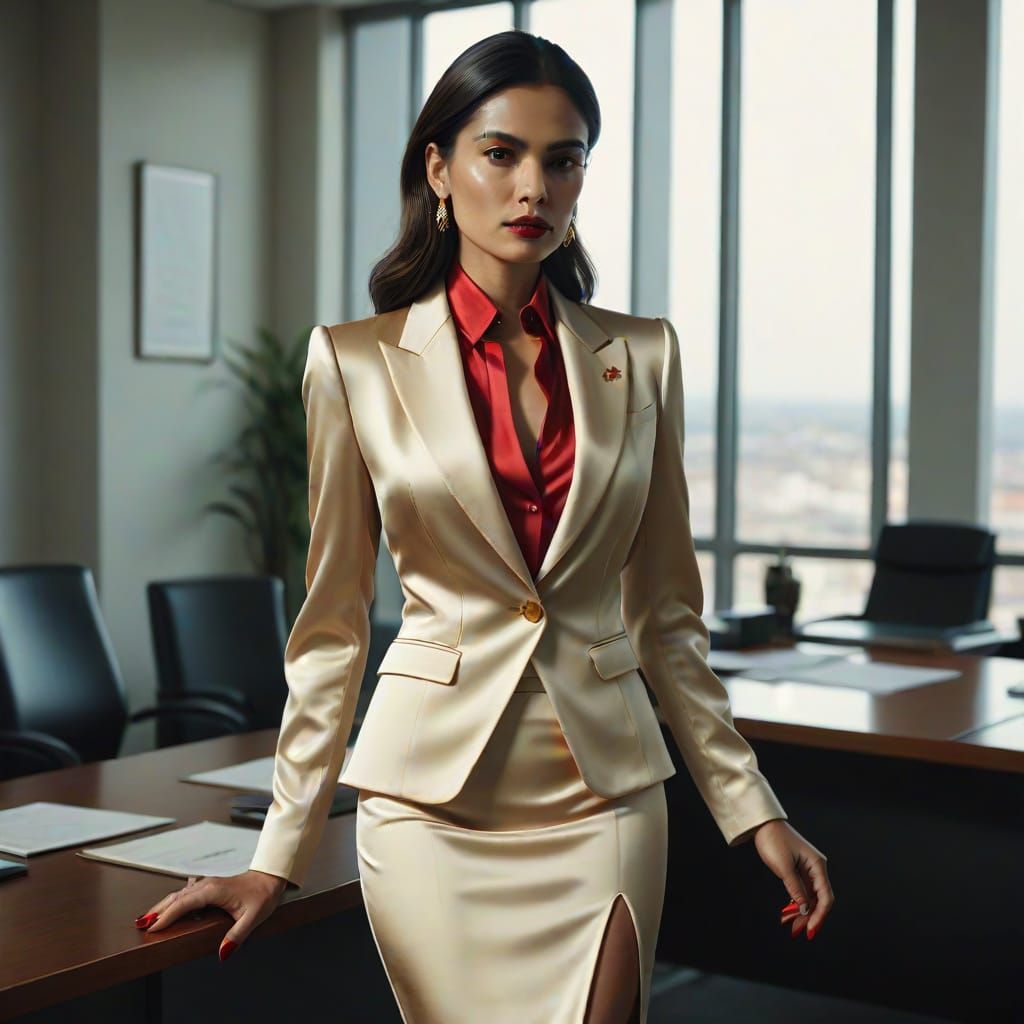 Isabela Merced in Elegant Satin Suit, Fashion Photography