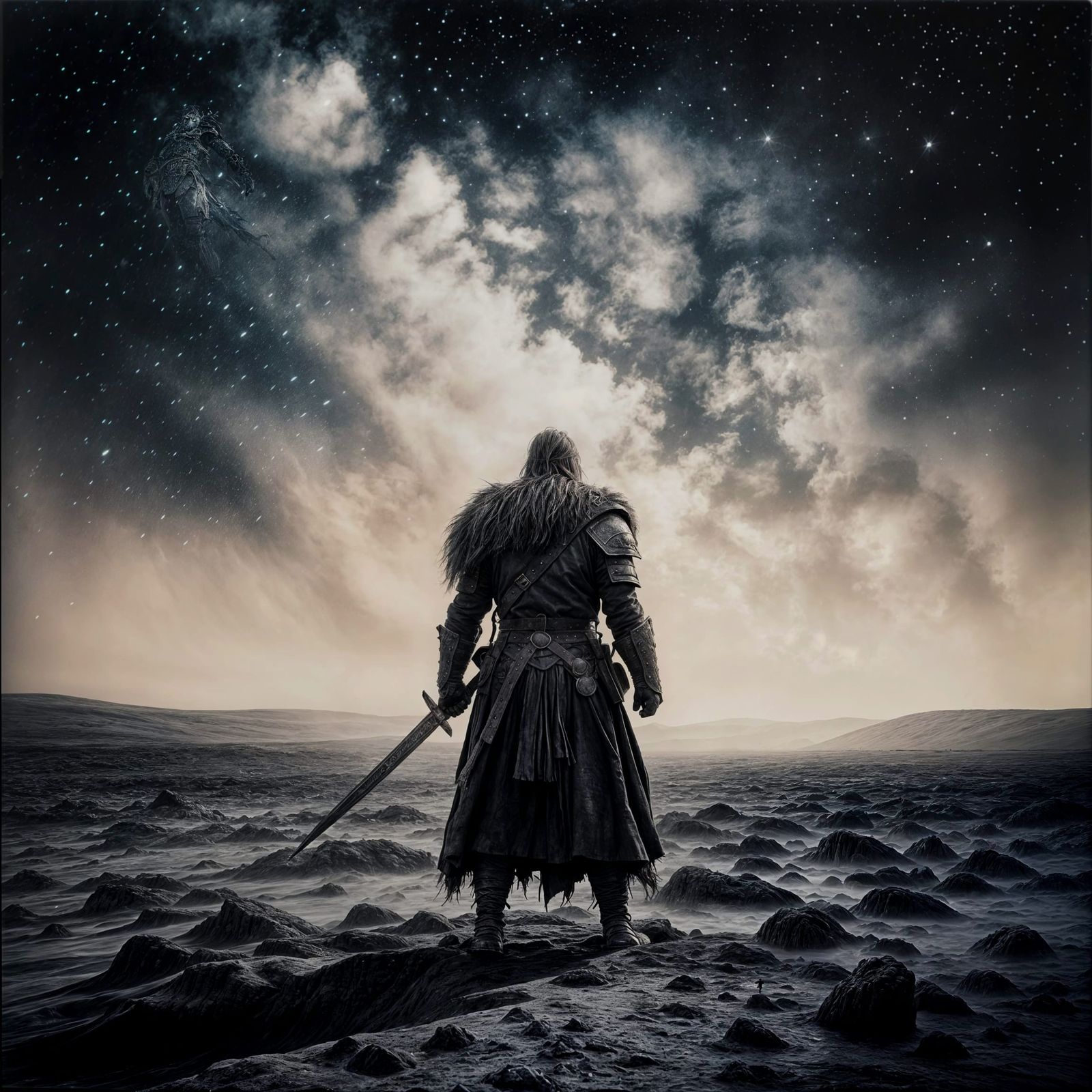 Viking Warrior Under Nebula Sky in Wet Plate Style