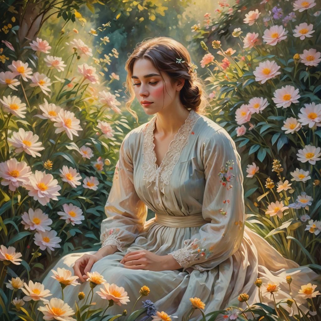 Serene Woman in Garden: Impressionist Style