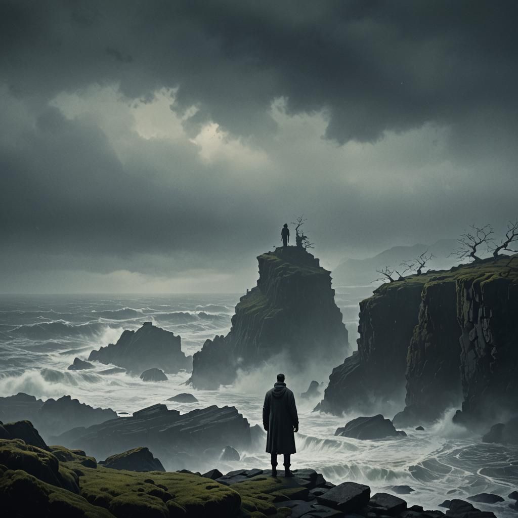 Eerie Figure Gazing at Turbulent Ocean in Misty Light