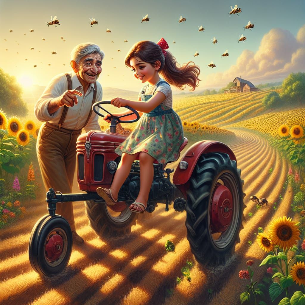 Girl and Grandpa on Tractor Among Sunflowers