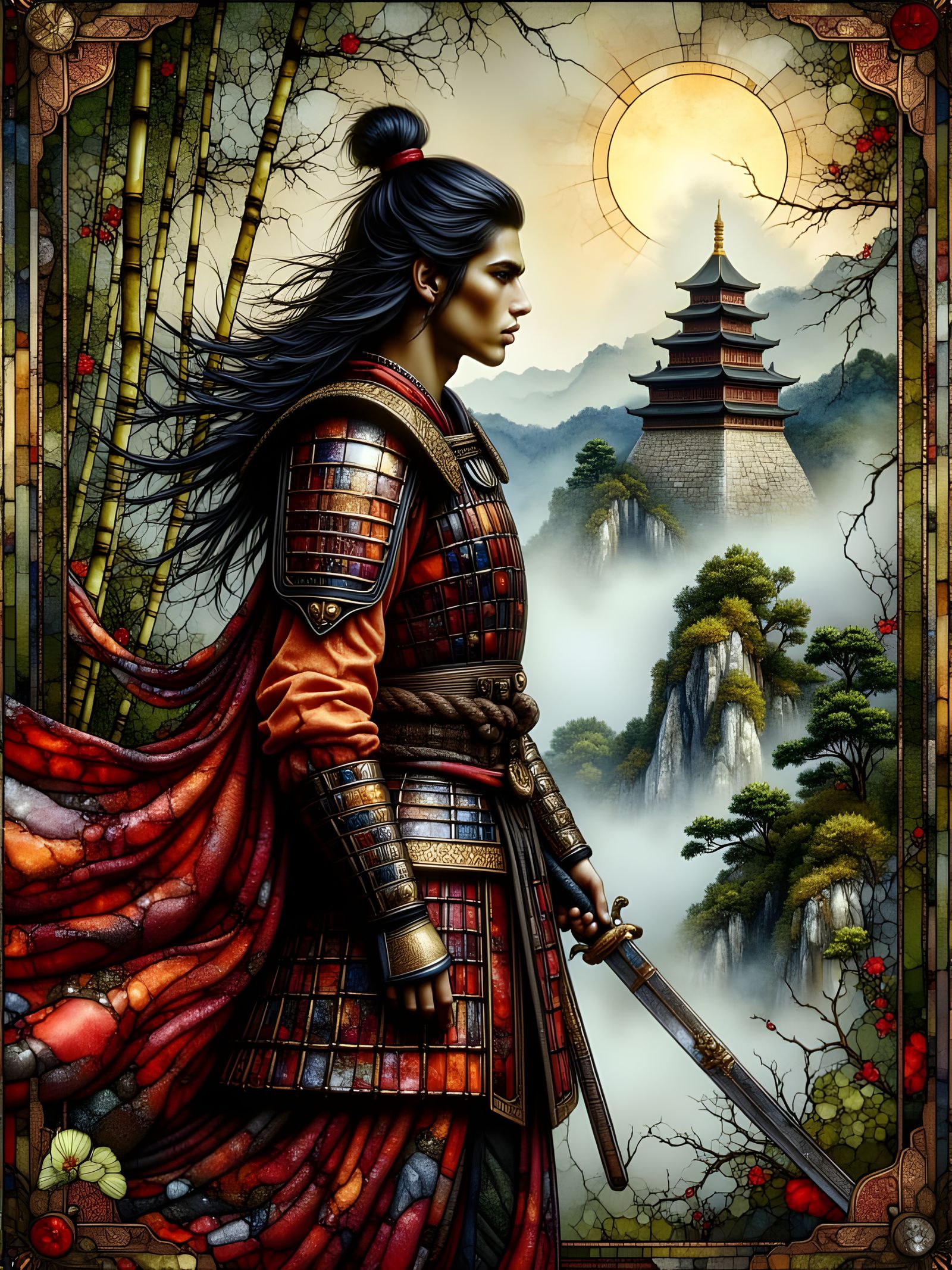 Elven Samurai in Misty Bamboo Forest with Glowing Sword