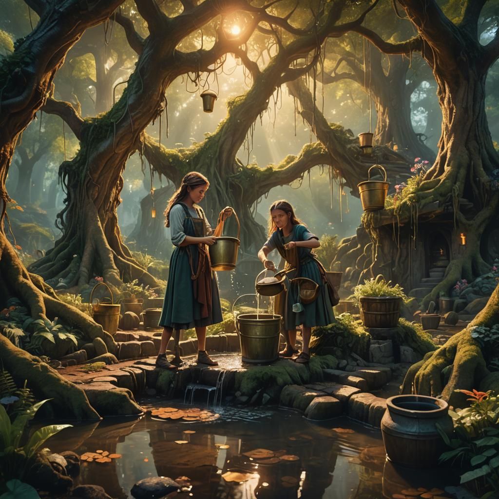 Girls Filling Water in Mystical Forest: Matte Painting
