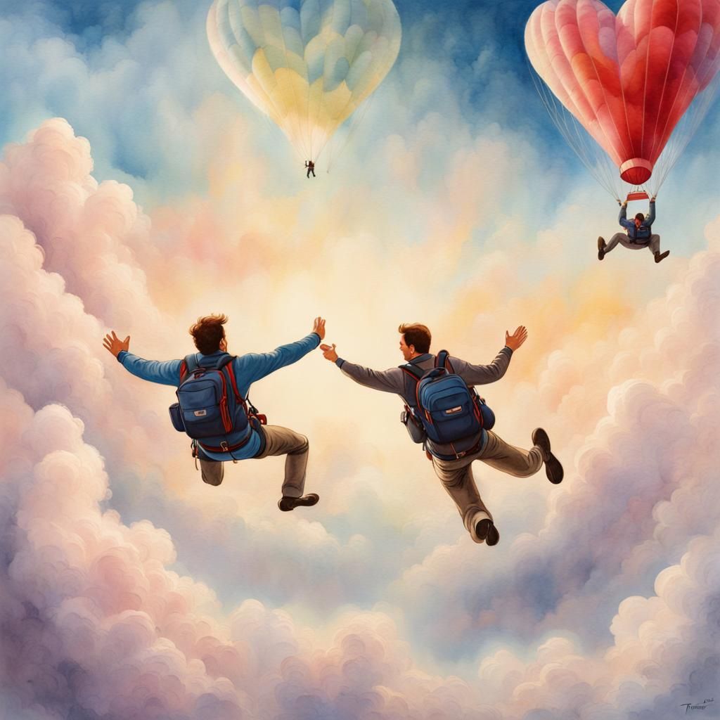 Skydiving Couple in Ethereal Watercolor Illustration
