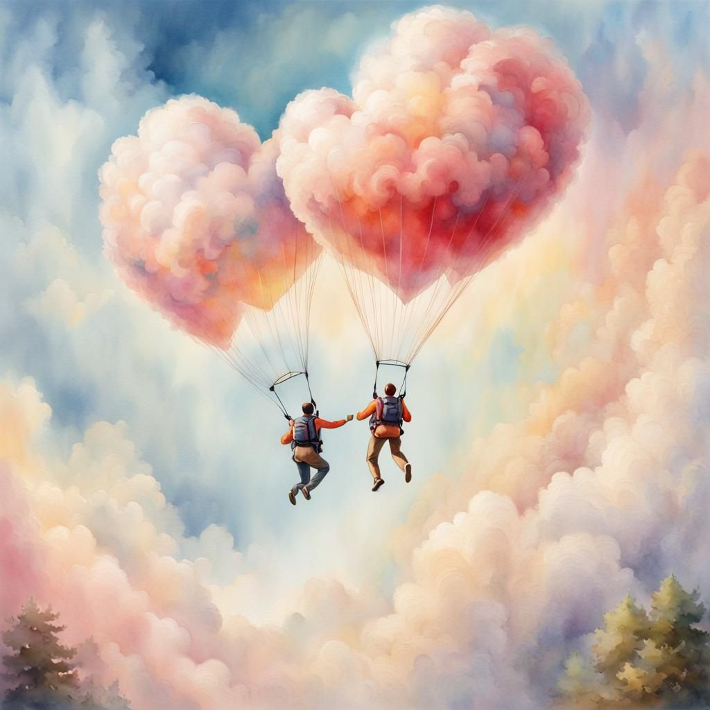 Skydiving Couple in Ethereal Watercolor Illustration