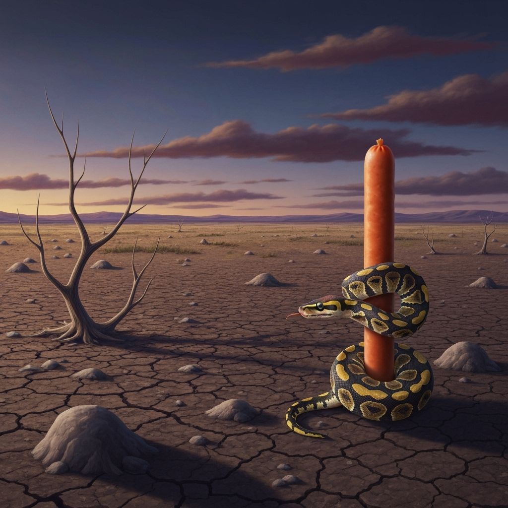 Ball Python Coiled Around Hotdog in Surreal American Wastela...