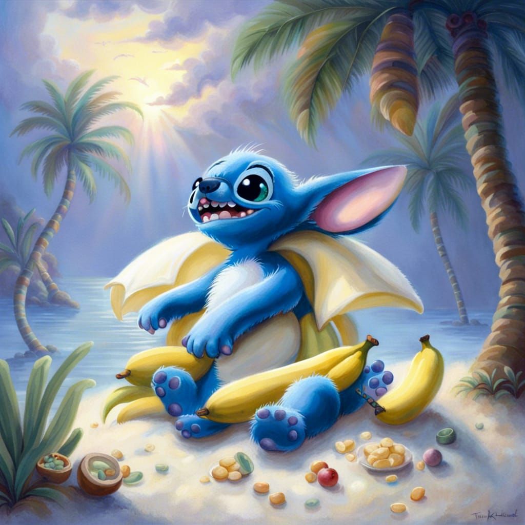 Cartoon Stitch Dreaming of Bananas on Tropical Beach