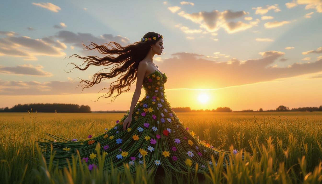 Ephemeral Land Art Sculpture with Woman and Nature