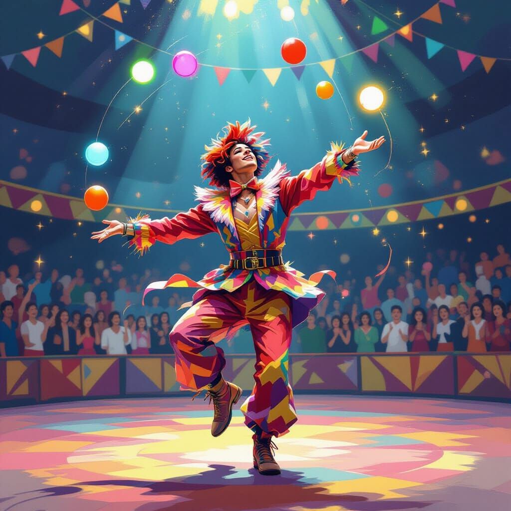 Dynamic Juggler in Vibrant Circus Setting