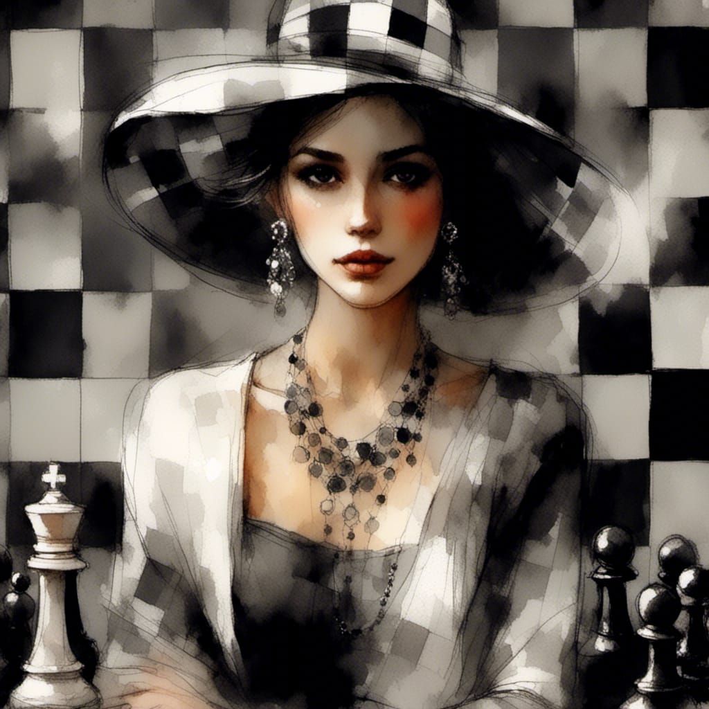 Chessboard Hat: Lady in Charcoal and Ink