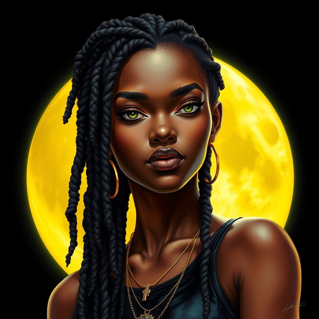 Ethereal Afro Futurist Goddess Illuminated by Yellow Moonlig...