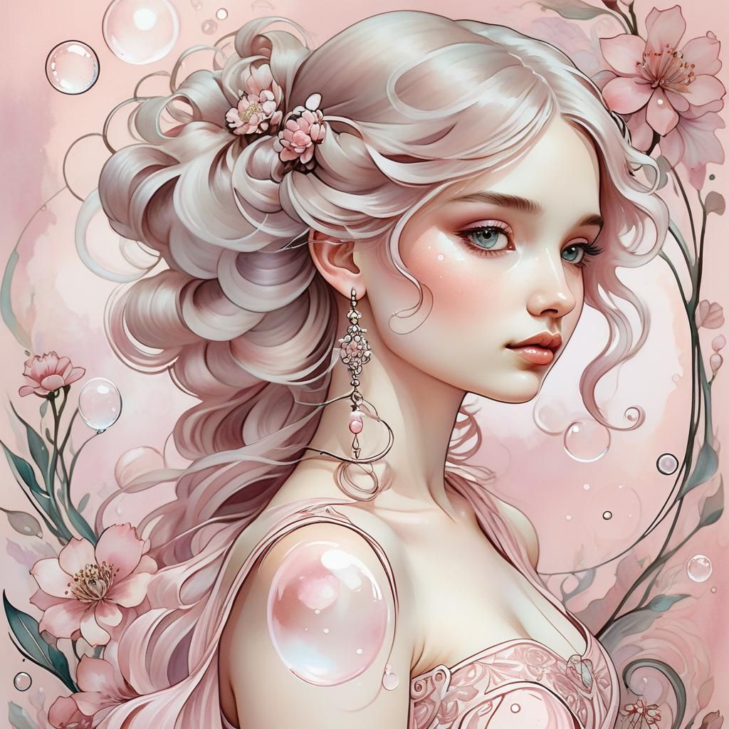 Pink Monochromatic Watercolour Portrait in Art Nouveau Style