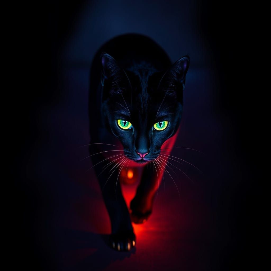 Mystic Black Cat Walks in Dark, UV-Lit Environment