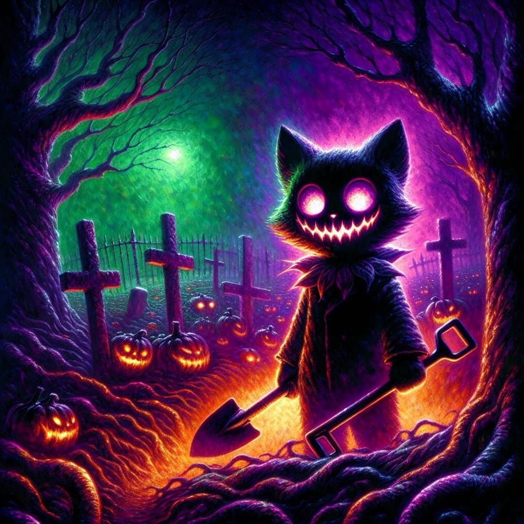 Black Cat with Pumpkin Mask in Graveyard
