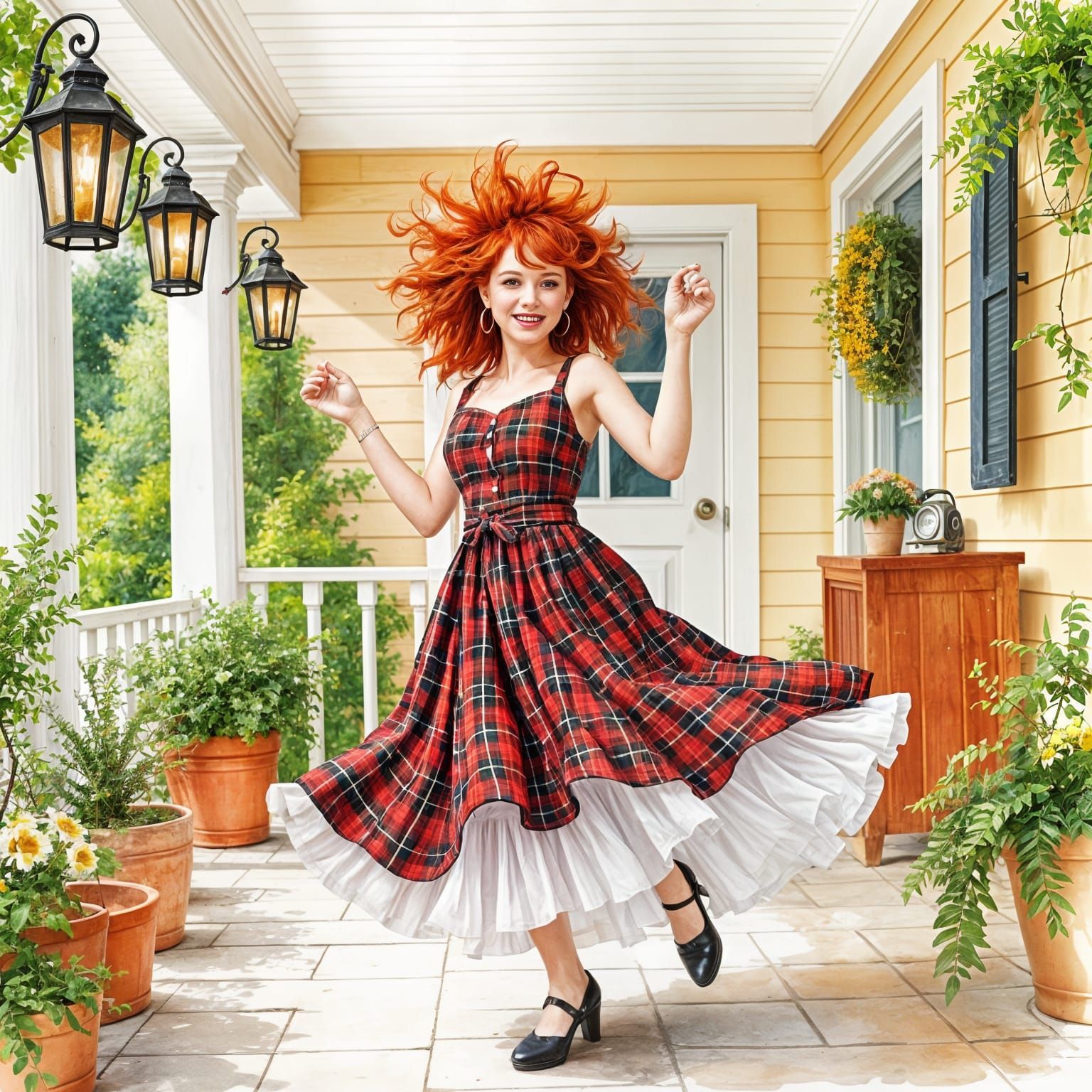 Vibrant Watercolor of a Redheaded Porch Dancer