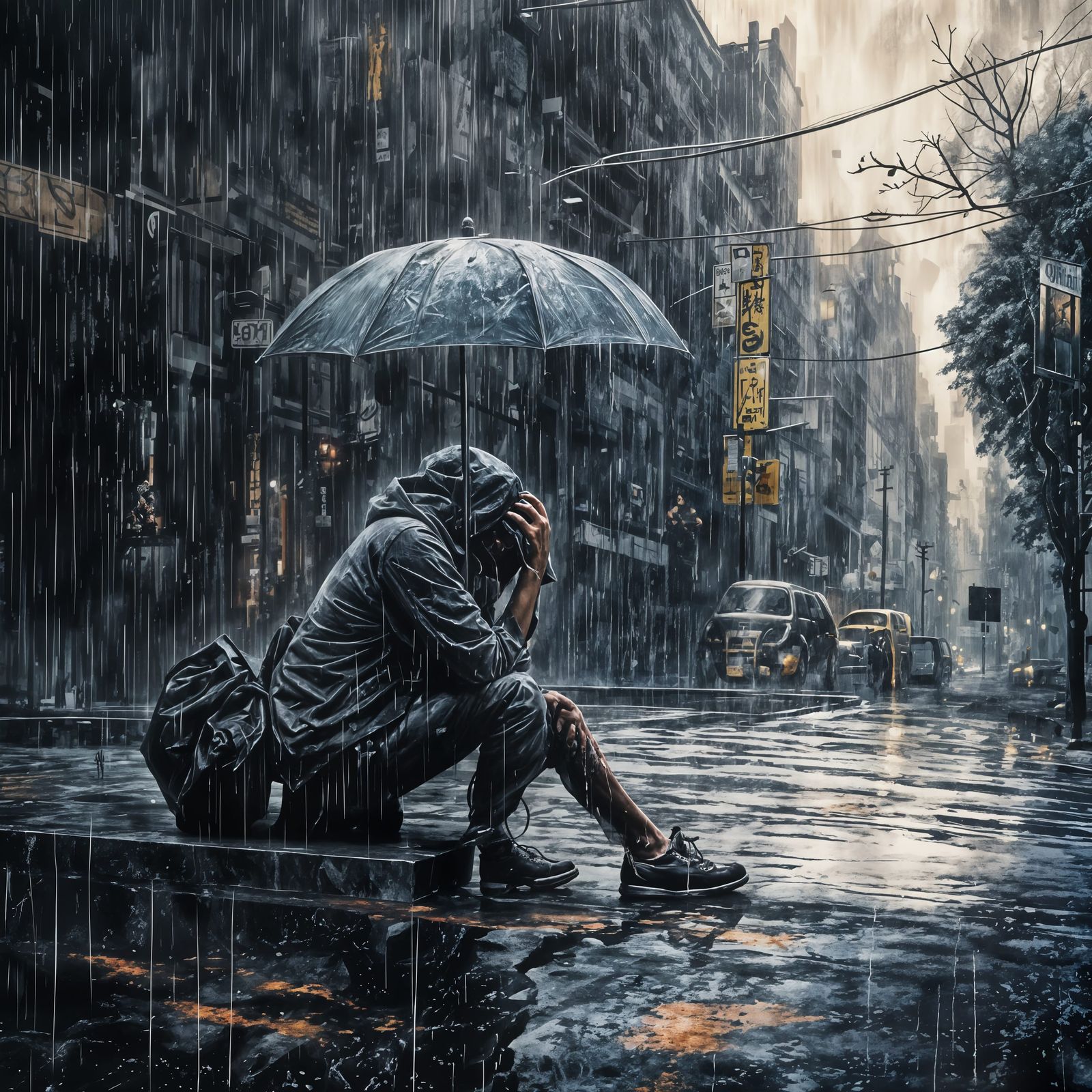 Melancholy Figure in Detailed Ink Rain Painting