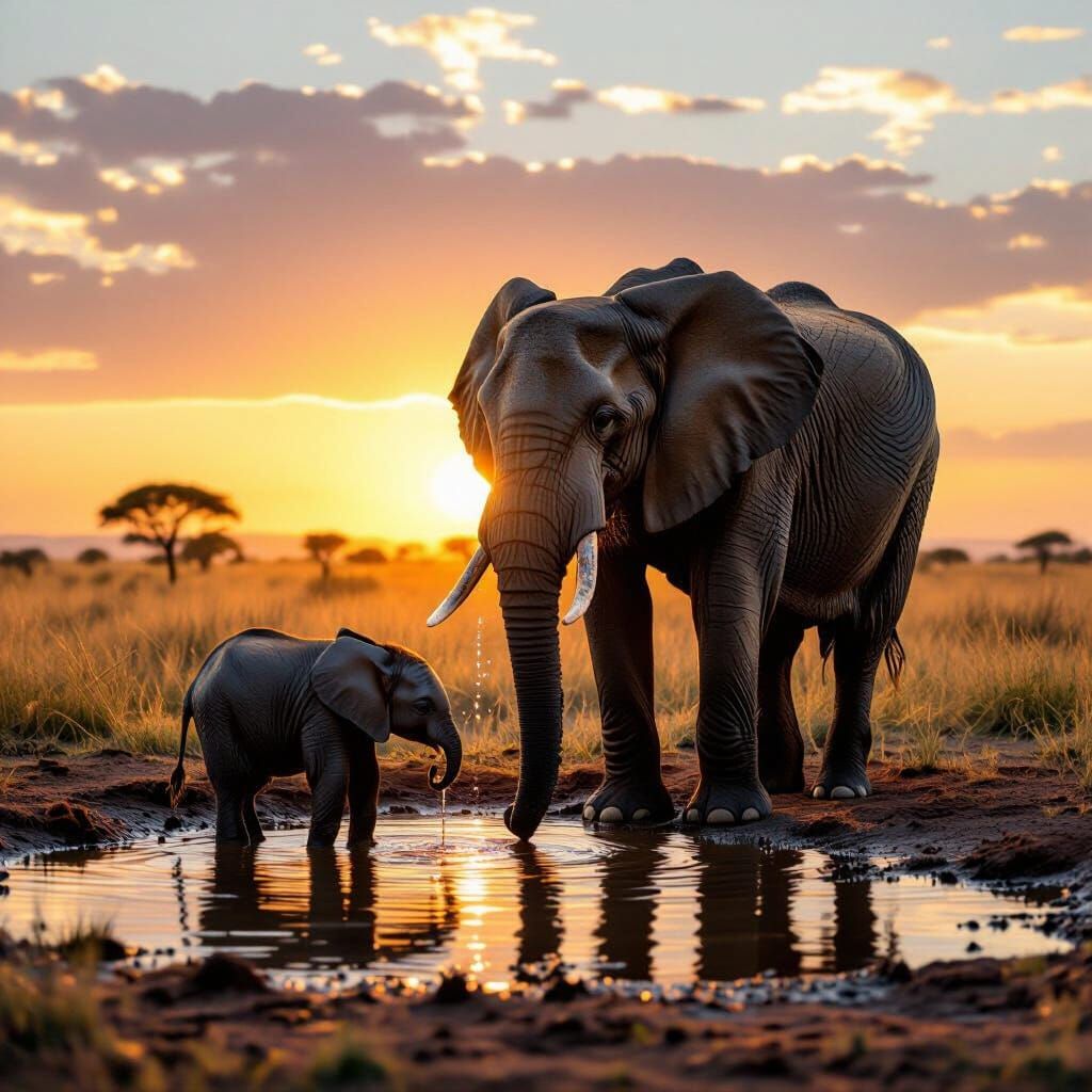 Elephants Drinking at Golden Hour Savannah